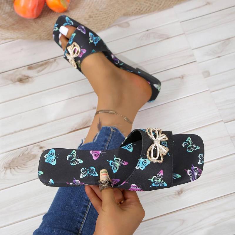 Sommer Damen Zehentrenner mit eckiger Spitze Neue Zehenfreie Pantoletten mit Schmetterlingsknoten für Damen Lässige Strandschuhe Damen Hausschuhe 43 schwarz von Joom DACH