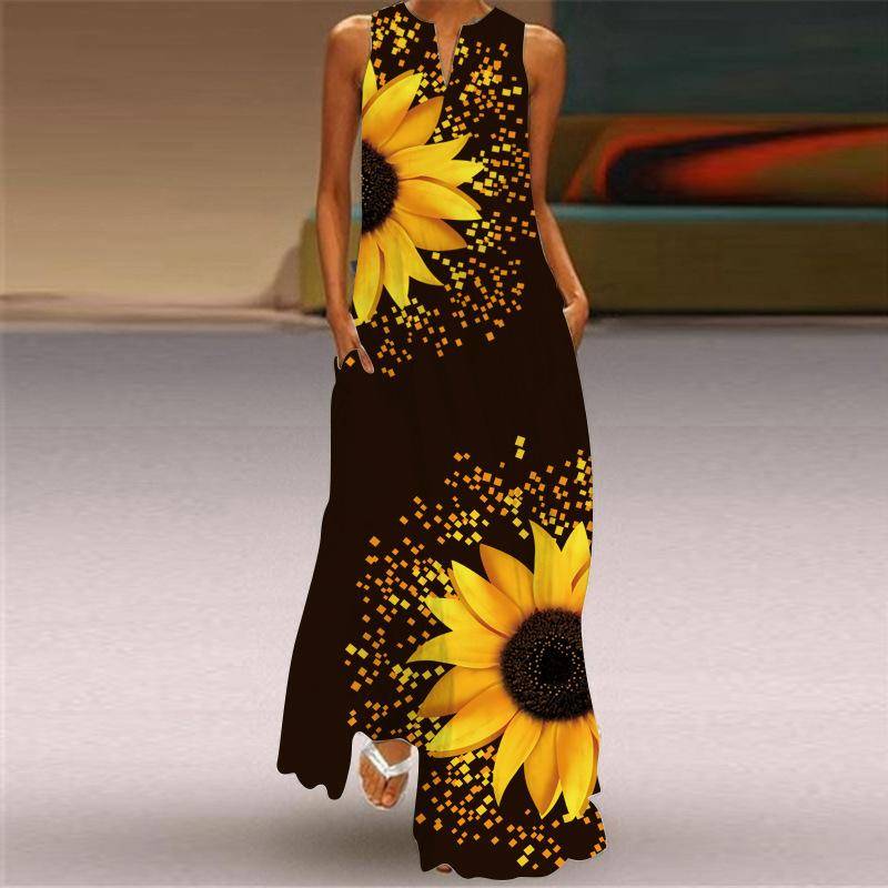 Sommer Damen ärmelloser langer Rock V-Ausschnitt Print Blumenkleid Damenbekleidung Strandurlaub Freizeitkleider XXXXL von Joom DACH