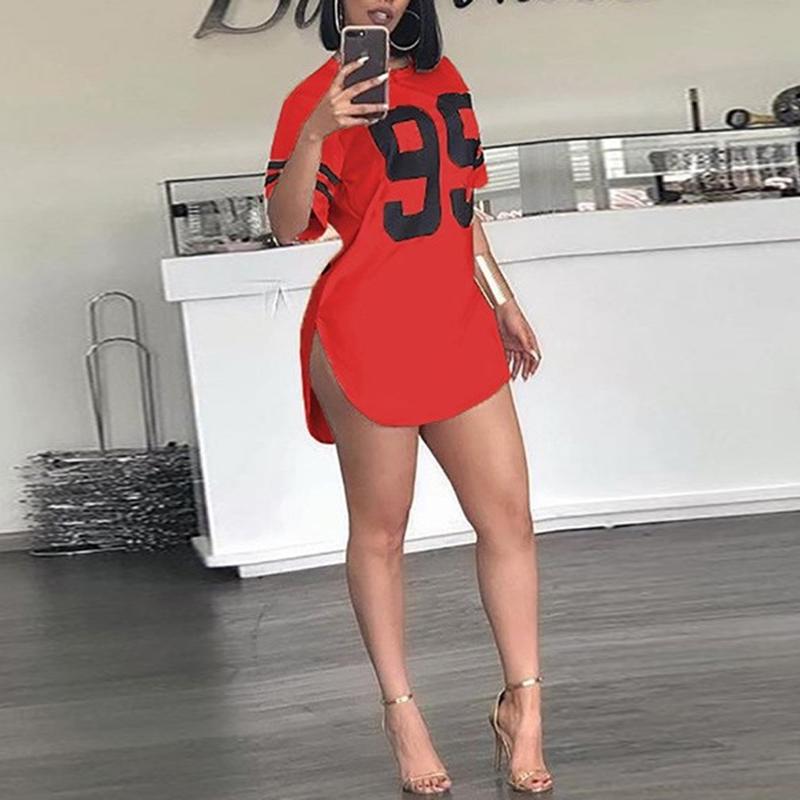 Sommer Damenmode Rundhals Digitaldruck Halbarm Sport Langes T-Shirt XXL rot von Joom DACH