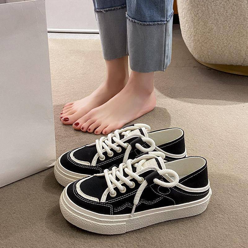 Sommer Dünn Lässig Atmungsaktiv Zwei-Wege Weiße Schuhe Slipper Faulenzer Schuhe Zum Hineinschlüpfen Halbe Hausschuhe Canvas Schuhe Damen 40 schwarz von Joom DACH