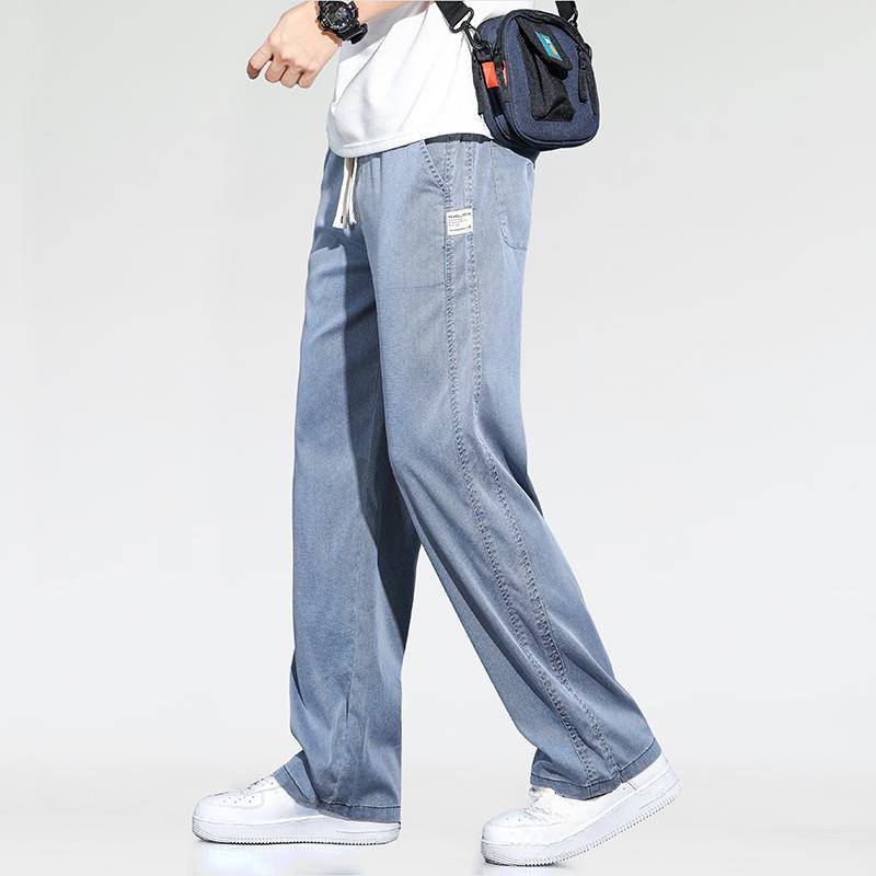 Sommer Dünne Lose Weite Bein Männer Jeans Weiche Lyocell Elastische Mode Lässig Gerade Kordelzug Denim Hose Schwarz Blau Grau 5XL blau von Joom DACH
