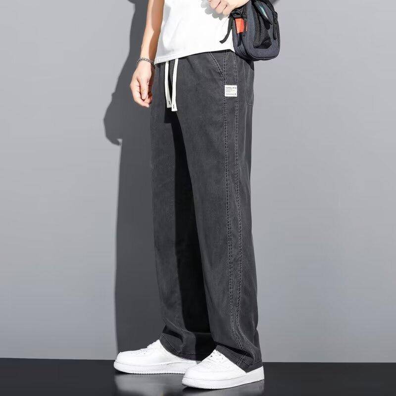 Sommer Dünne Lose Weite Bein Männer Jeans Weiche Lyocell Elastische Mode Lässig Gerade Kordelzug Denim Hose Schwarz Blau Grau L schwarz von Joom DACH