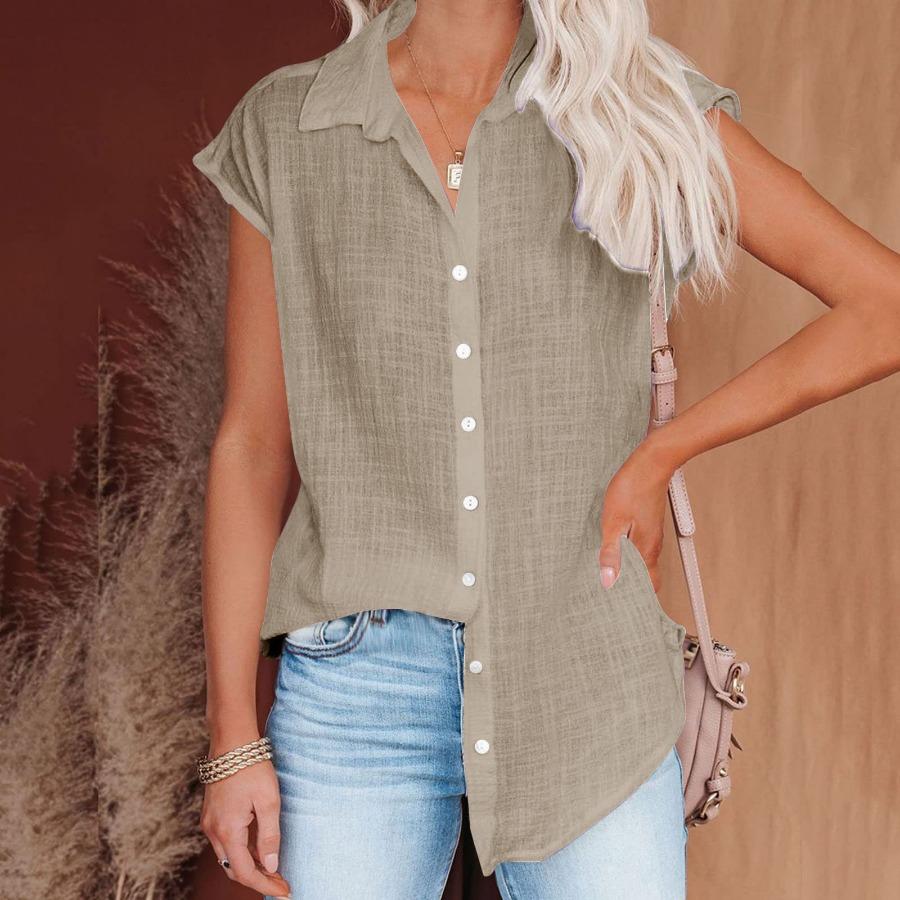 Sommer Einfarbig Einreiher Hemd frauen Casual Revers Kurzarm Bluse Top 2XL khaki von Joom DACH