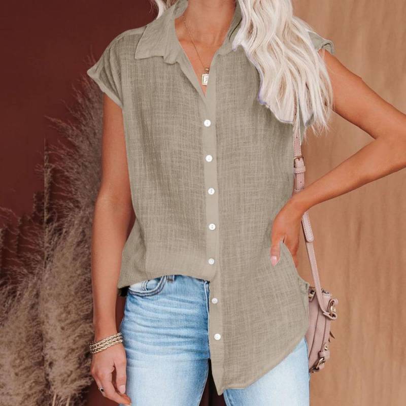 Sommer Einfarbig Einreiher Hemd frauen Casual Revers Kurzarm Bluse Top 2XL khaki von Joom DACH