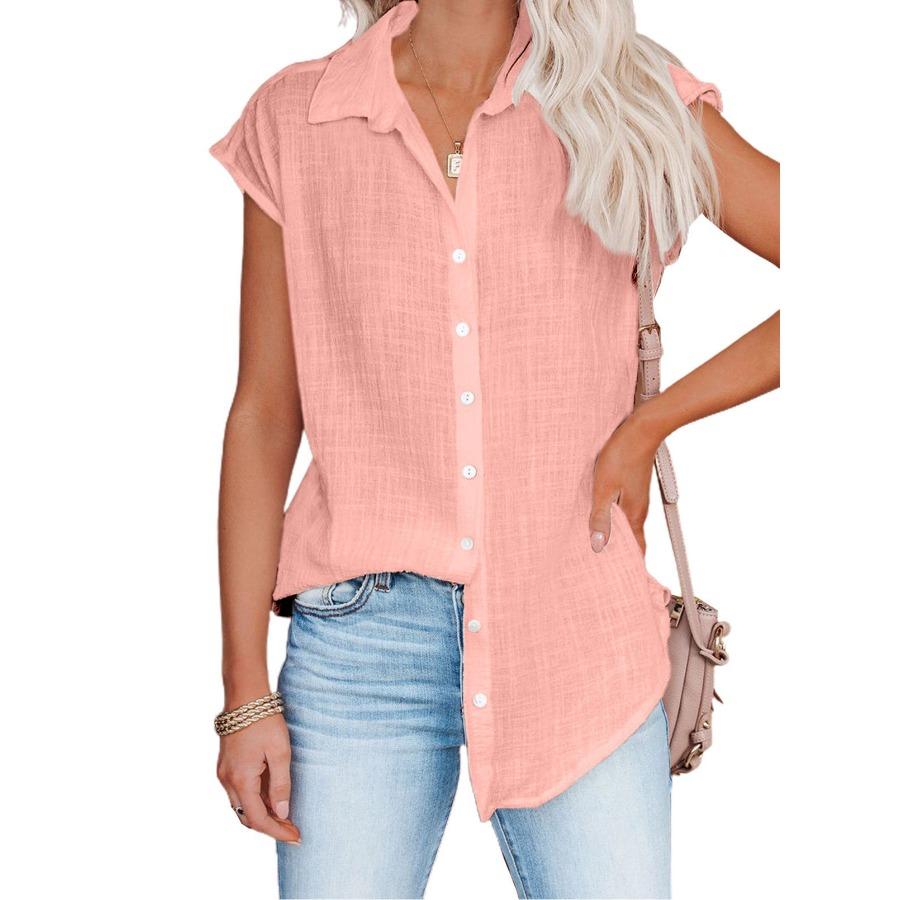 Sommer Einfarbig Einreiher Hemd frauen Casual Revers Kurzarm Bluse Top 2XL von Joom DACH