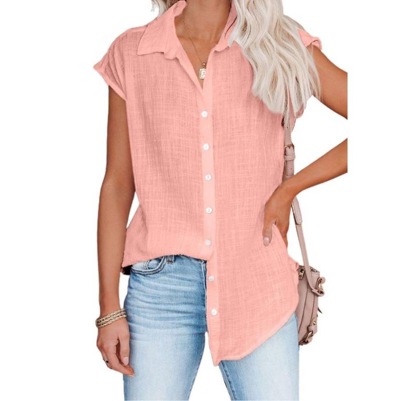 Sommer Einfarbig Einreiher Hemd frauen Casual Revers Kurzarm Bluse Top 2XL rosa von Joom DACH