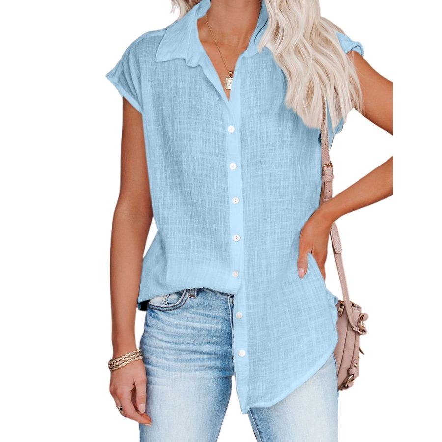 Sommer Einfarbig Einreiher Hemd frauen Casual Revers Kurzarm Bluse Top 2XL von Joom DACH
