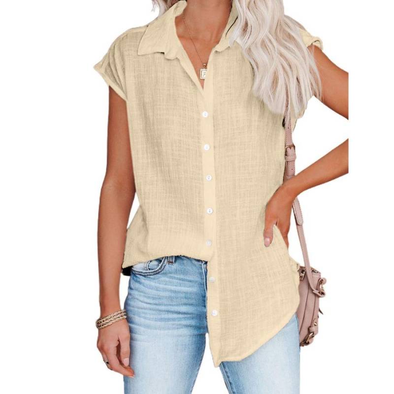 Sommer Einfarbig Einreiher Hemd frauen Casual Revers Kurzarm Bluse Top 2XL apricot von Joom DACH