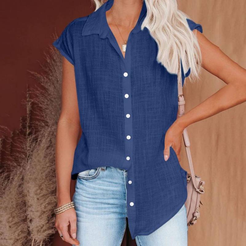Sommer Einfarbig Einreiher Hemd frauen Casual Revers Kurzarm Bluse Top 2XL dunkelblaue von Joom DACH
