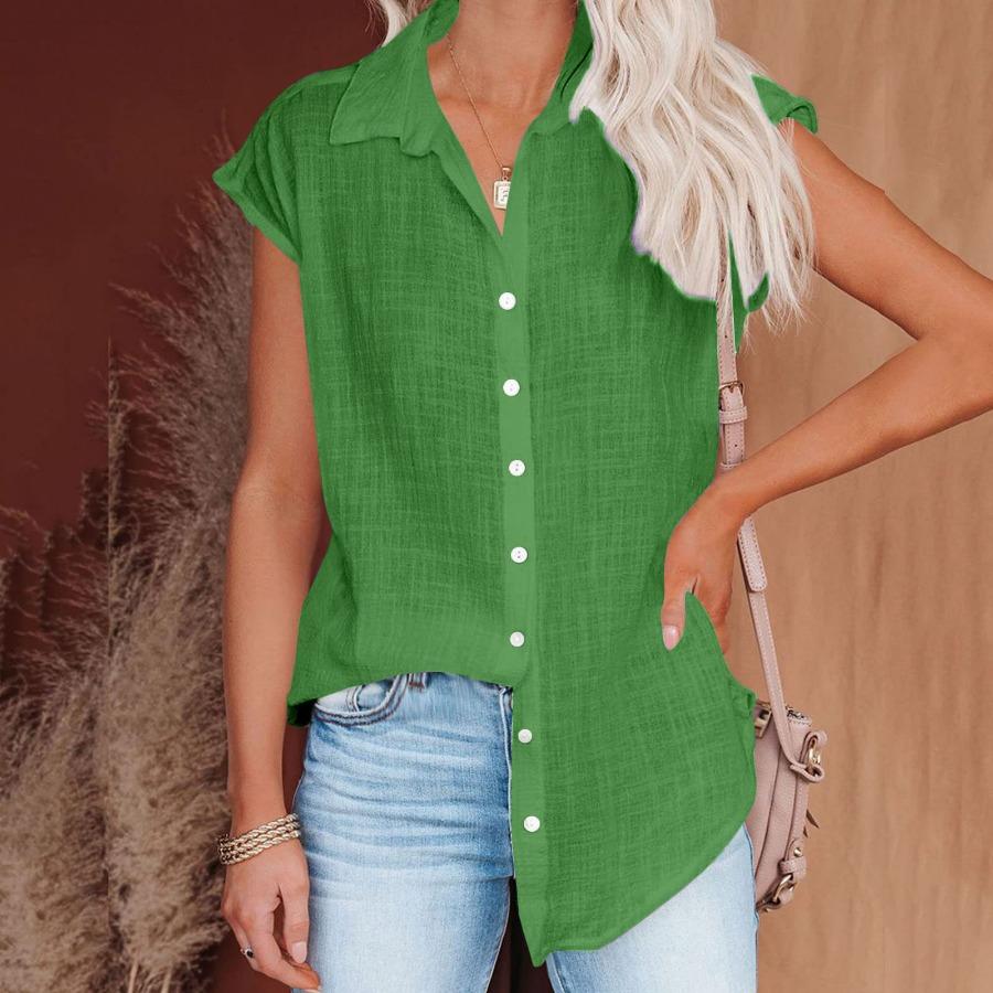 Sommer Einfarbig Einreiher Hemd frauen Casual Revers Kurzarm Bluse Top 4XL von Joom DACH