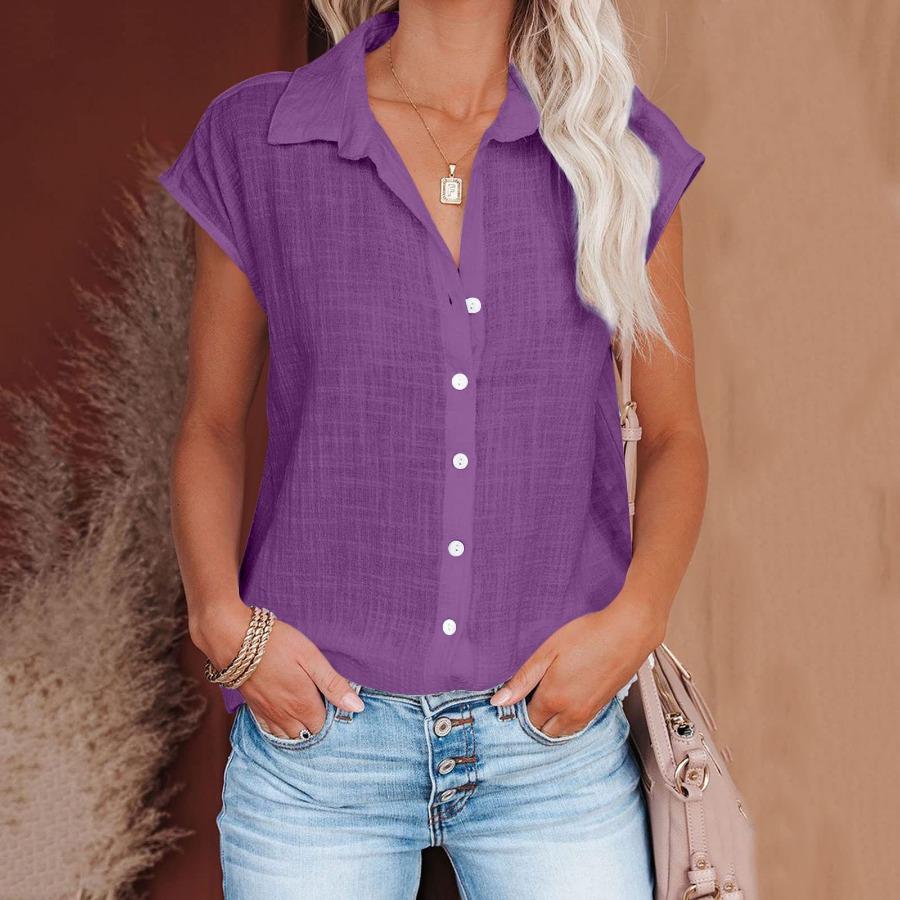 Sommer Einfarbig Einreiher Hemd frauen Casual Revers Kurzarm Bluse Top 4XL violett von Joom DACH