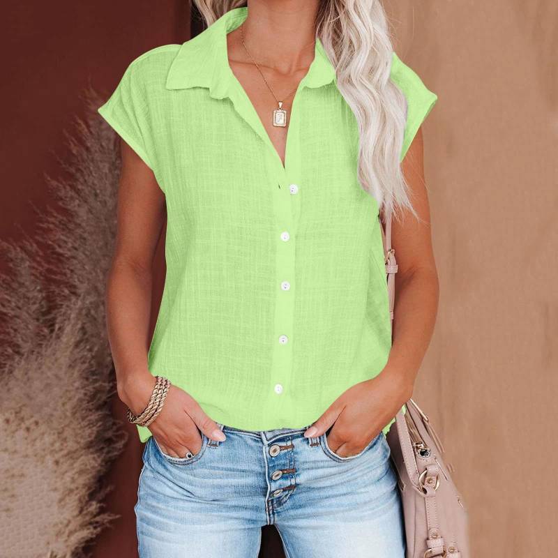 Sommer Einfarbig Einreiher Hemd frauen Casual Revers Kurzarm Bluse Top 4XL hellgrüne von Joom DACH