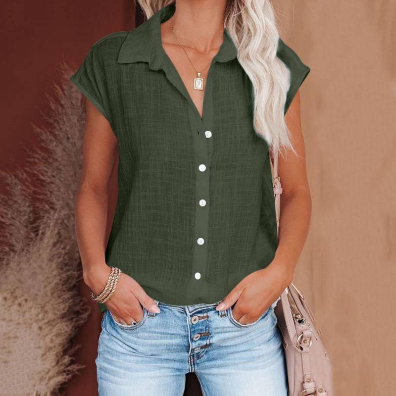 Sommer Einfarbig Einreiher Hemd frauen Casual Revers Kurzarm Bluse Top 4XL von Joom DACH