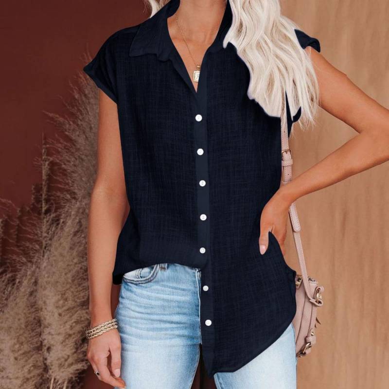 Sommer Einfarbig Einreiher Hemd frauen Casual Revers Kurzarm Bluse Top 5XL schwarz von Joom DACH