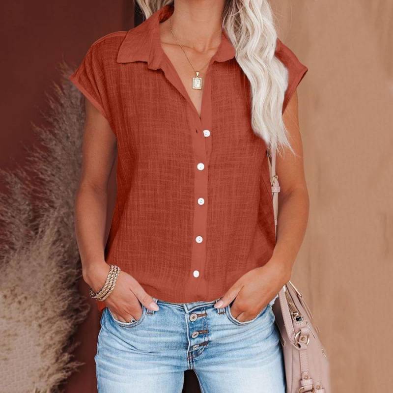 Sommer Einfarbig Einreiher Hemd frauen Casual Revers Kurzarm Bluse Top 5XL orange von Joom DACH