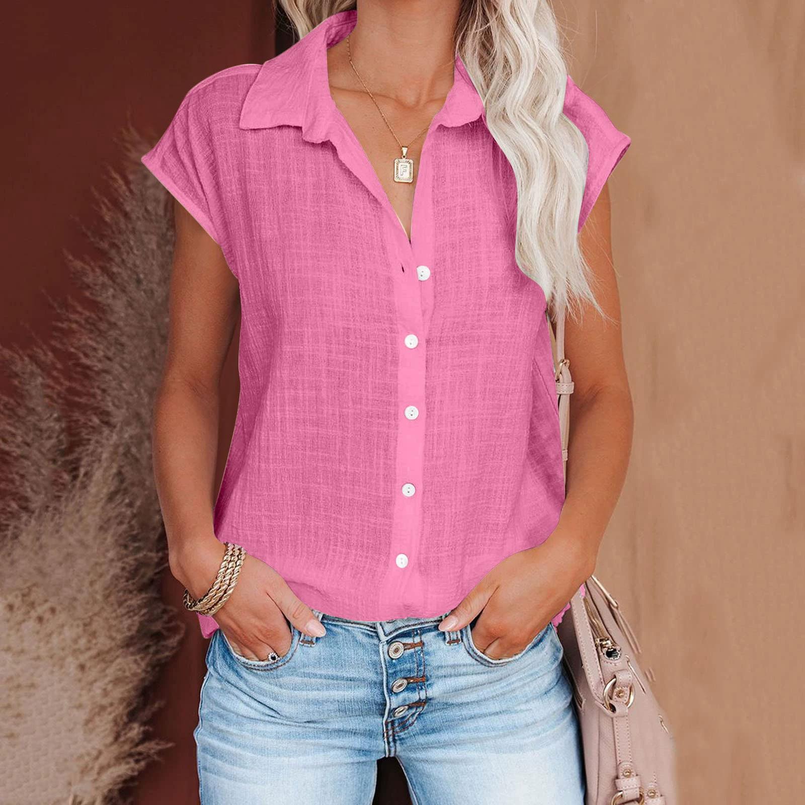 Sommer Einfarbig Einreiher Hemd frauen Casual Revers Kurzarm Bluse Top L von Joom DACH