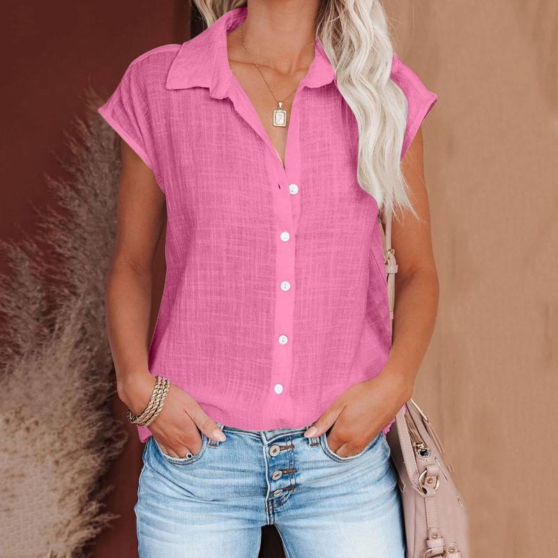 Sommer Einfarbig Einreiher Hemd frauen Casual Revers Kurzarm Bluse Top L von Joom DACH