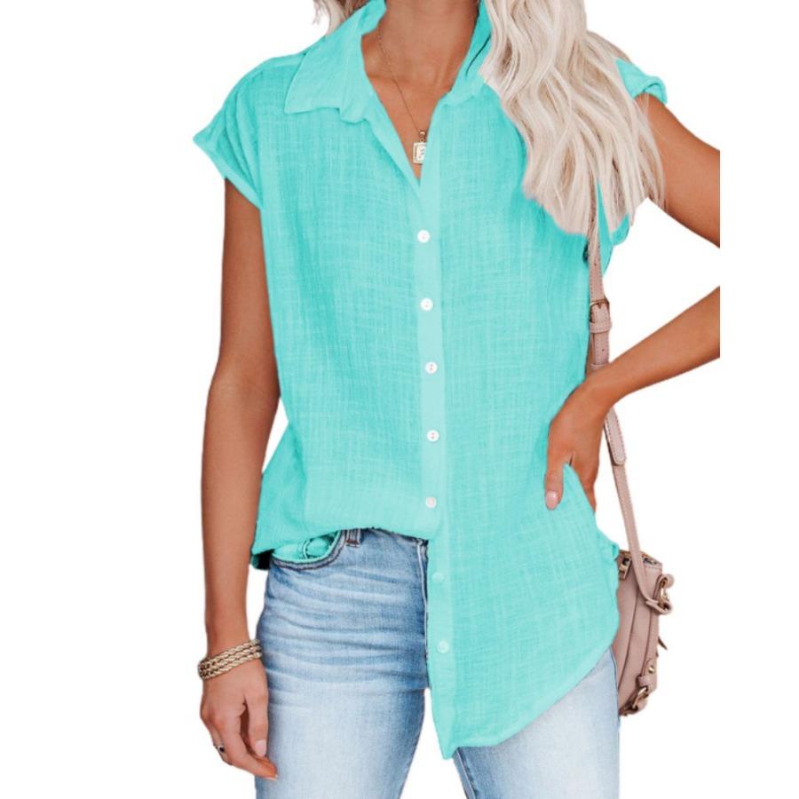 Sommer Einfarbig Einreiher Hemd frauen Casual Revers Kurzarm Bluse Top XL von Joom DACH