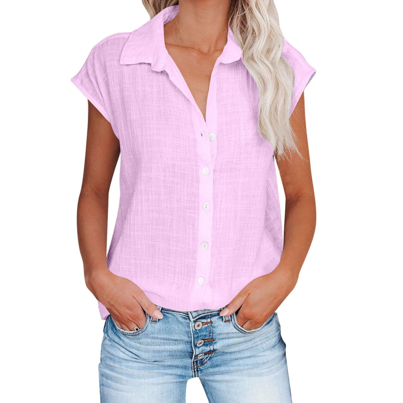 Sommer Einfarbig Einreiher Hemd frauen Casual Revers Kurzarm Bluse Top XL von Joom DACH