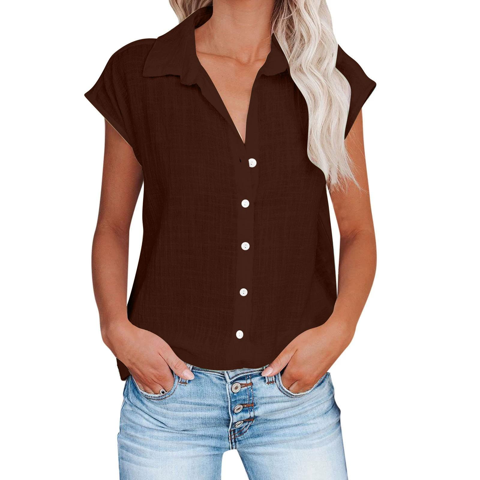 Sommer Einfarbig Einreiher Hemd frauen Casual Revers Kurzarm Bluse Top XL von Joom DACH