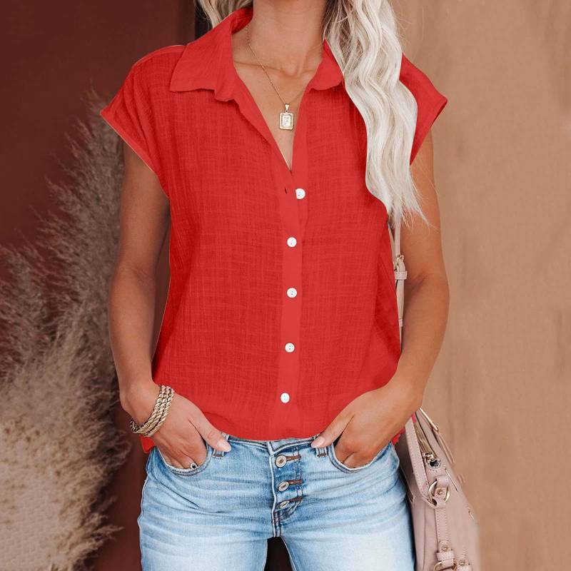 Sommer Einfarbig Einreiher Hemd frauen Casual Revers Kurzarm Bluse Top XL rot von Joom DACH