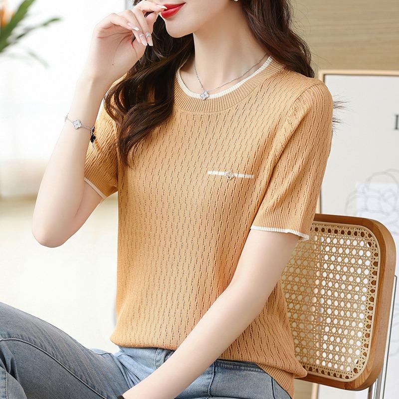 Sommer Eis Seide Kurzarm T-shirt Frauen Dünne Beiläufige Gestrickte Bluse Frau Kurzarm Rundhals T-Shirt Tops Büro Dame Blusen 3XL von Joom DACH