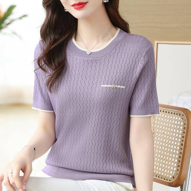 Sommer Eis Seide Kurzarm T-shirt Frauen Dünne Beiläufige Gestrickte Bluse Frau Kurzarm Rundhals T-Shirt Tops Büro Dame Blusen L violett von Joom DACH