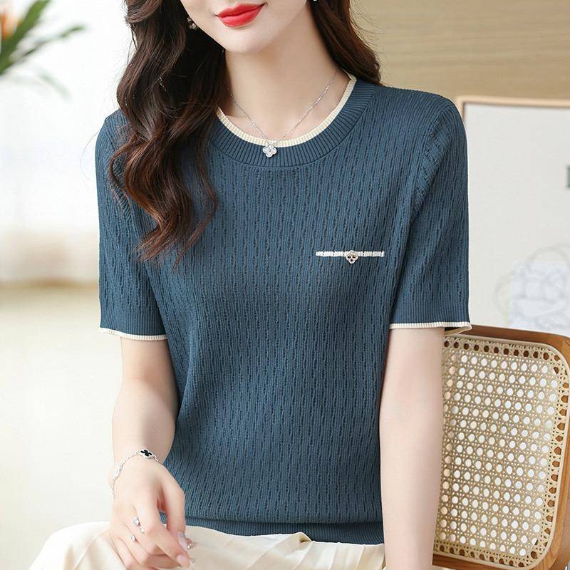 Sommer Eis Seide Kurzarm T-shirt Frauen Dünne Beiläufige Gestrickte Bluse Frau Kurzarm Rundhals T-Shirt Tops Büro Dame Blusen L blau von Joom DACH