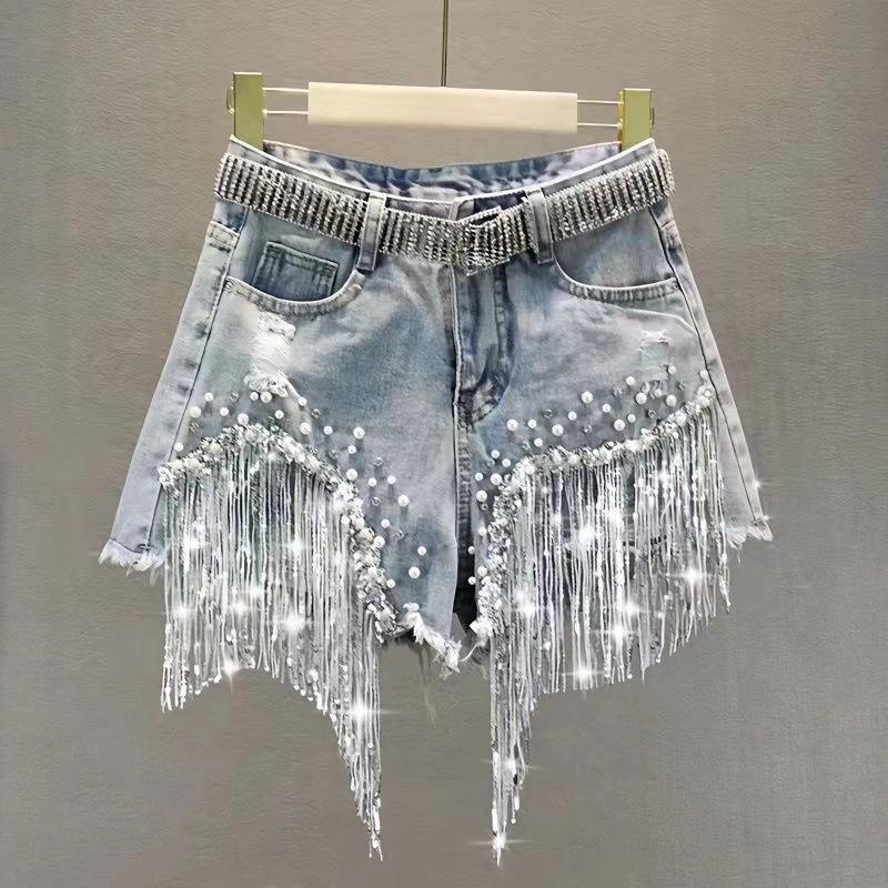 Sommer Elegante Shorts Dame Quaste Perlen High Waist Weites Bein Denimshorts Weiblich Lässige Einfarbige Shorts Jeans für Damen Kleidung M blau von Joom DACH