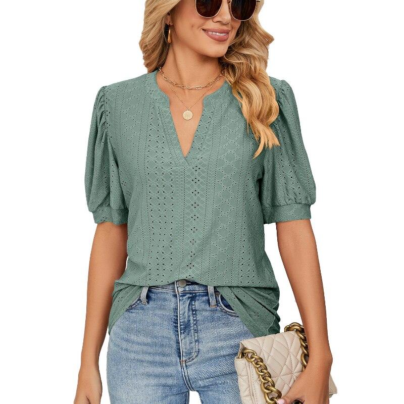 Sommer Feste Spitze Frau Hemd Elegante Hohl Puff Kurzarm Pullover Bluse Frauen Casual V-ausschnitt Lose Dame Tops Blusas 24698 XL Sommer Feste Spitze Frau Hemd Elegante Hohl Puff Kurzarm Pullover Bluse Frauen Casual V-ausschnitt Lose Dame Tops Blusas 24698 XL von Joom DACH