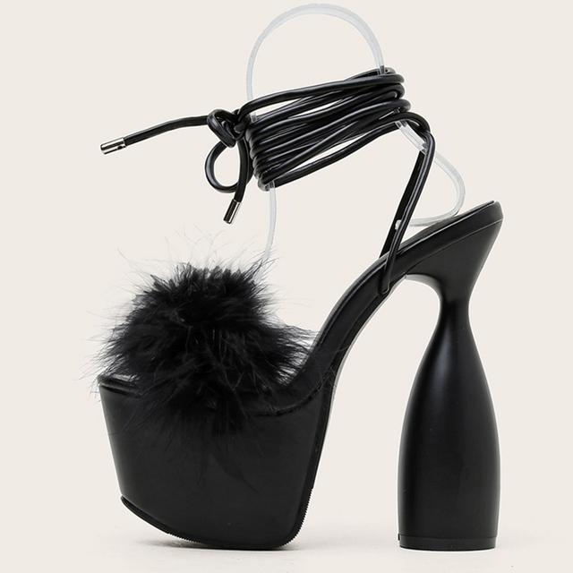 Sommer Flauschiges Fell Damen Plateau Klobige Sandalen Fashion Runway Seltsame Extrem High Heels Pumps Offene Zehen Schnürschuhe Pole Dance Schuhe 39 schwarz von Joom DACH