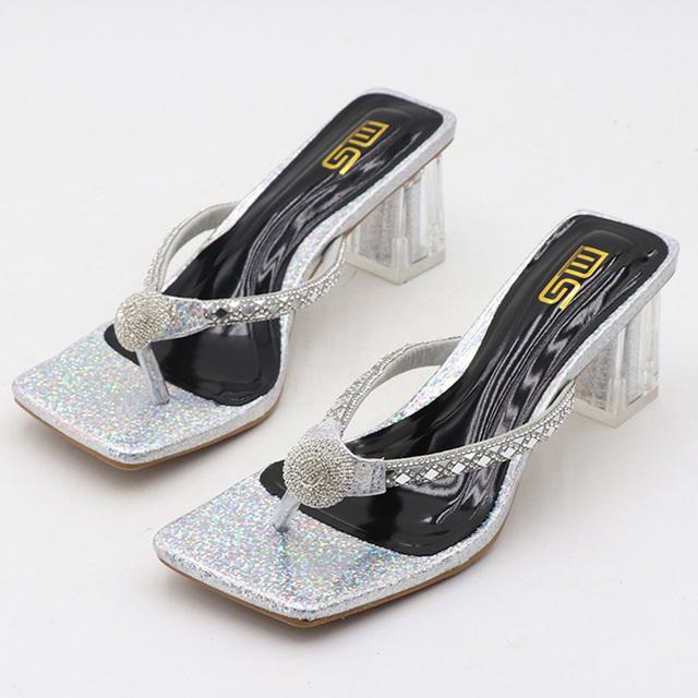 Sommer Flip Flops Gold Slides Silber Frauen 6cm High Heels Pantoletten Hausschuhe Kristall Glitter Low Heels Bling Mode Schuhe 36 silber von Joom DACH