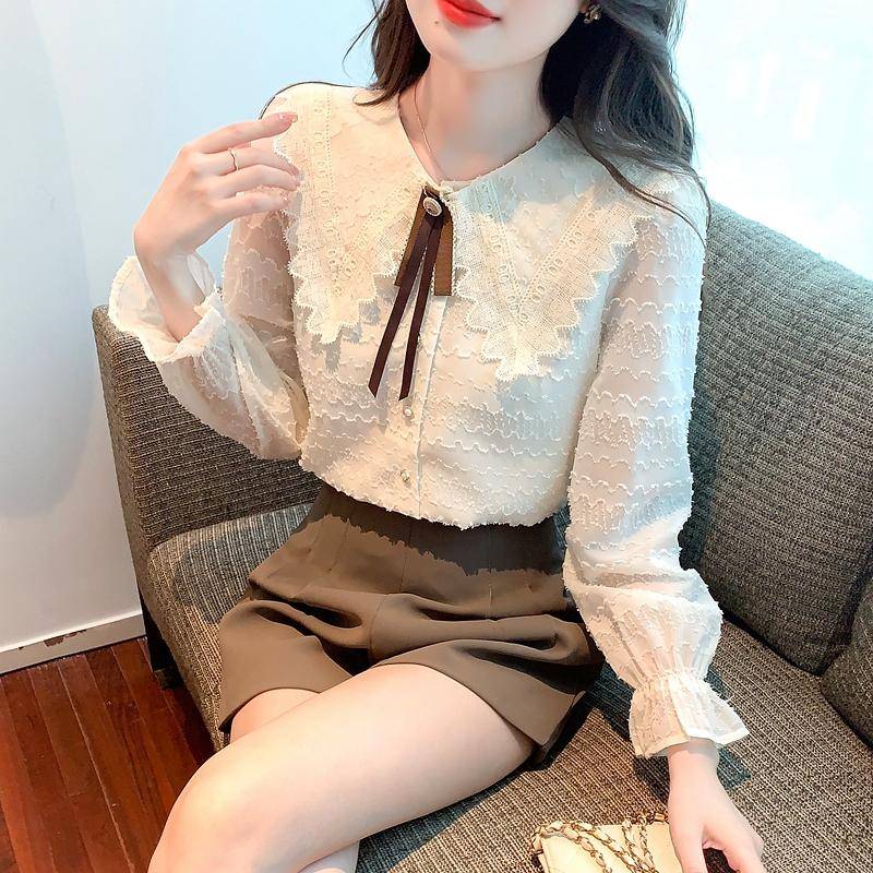 Sommer Französisch Puppe Kragen Frauen Spitze Casual Shirts Unten Mode Patchwork Bluse XXL von Joom DACH