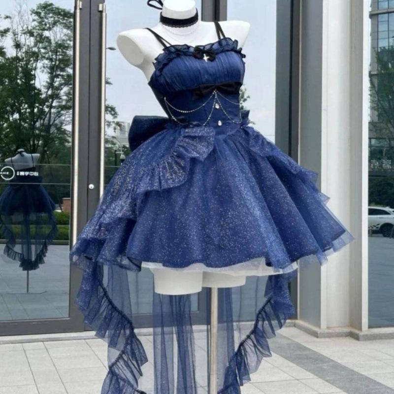 Sommer Französische Modische Taillenbetonte Glitzernde Kleid mit Schleppe Kurzer Rock Damen L navy blau von Joom DACH