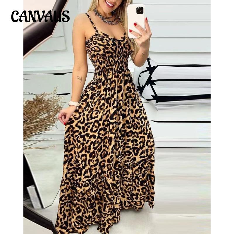 Sommer Frau Halfter Kleid Leopard Print Halter V-ausschnitt Kleid Hohe Taille Kleid Sexy Temperament Mode Lange Kleid S gelb von Joom DACH