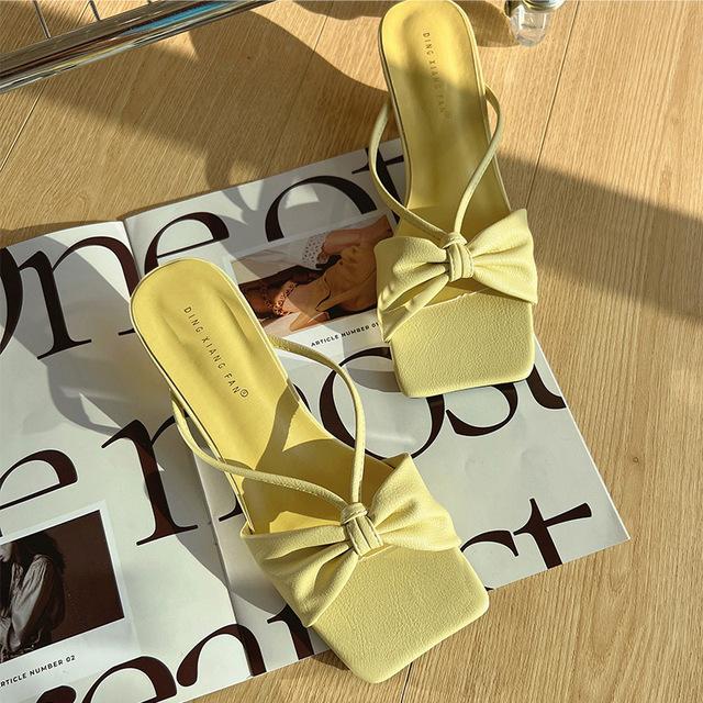 Sommer Frauen 3cm High Heels Hausschuhe Mode Elegante Schmetterling Bogen Sandalen Niedrigen Absätzen Hausschuhe Gelb Weiß Party Dame Schuhe 40 gelb von Joom DACH