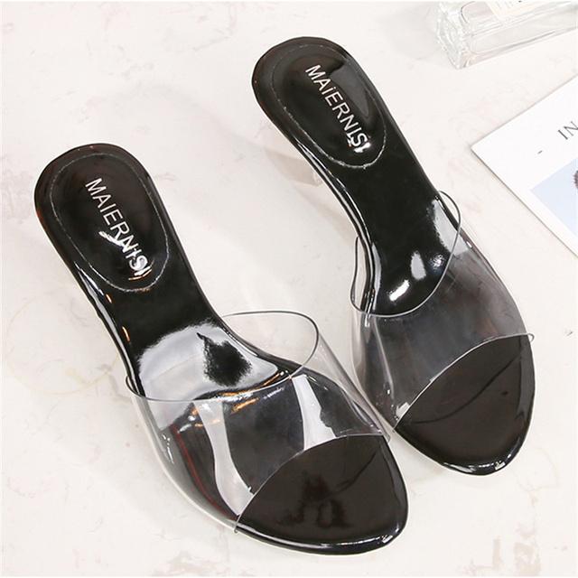 Sommer Frauen 6cm High Heels Plattform Rutschen Dame Klar Kristall Low Heels Hausschuhe Mode Transparent Maultiere Günstige Schuhe 36 von Joom DACH