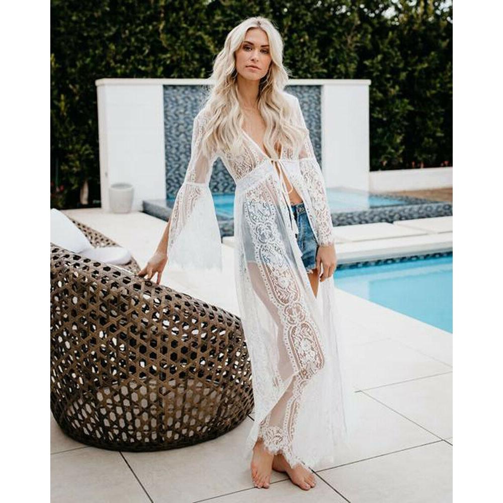 Sommer Frauen Dame Spitze Häkeln Bikini Cover Up Kimono Strickjacke Bademode Kaftan Badeanzug Langarm Urlaub Strand Kleid XL weiß von Joom DACH