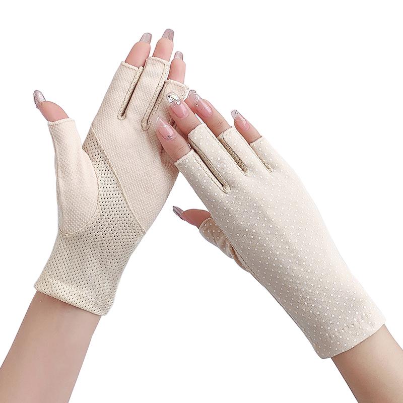 Sommer Frauen Dünne Baumwolle Finger Handschuhe Radfahren Nicht-slip Atmungsaktive Sonnencreme Elastizität Half Finger Fahren Handschuhe One Size beige von Joom DACH