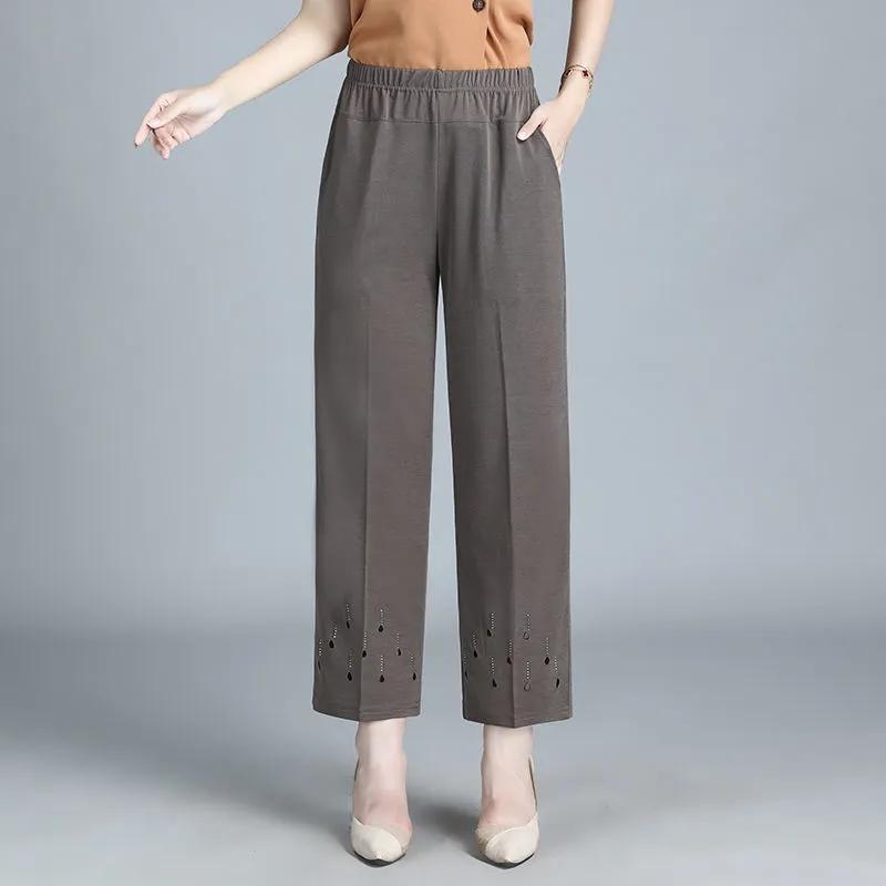Sommer Frauen Dünne Geerntete Hosen Elastische Hohe Taille Gerade Hosen Hohl Lose Weiblichen Mittleren Alters Casual Hosen 6XL grau von Joom DACH