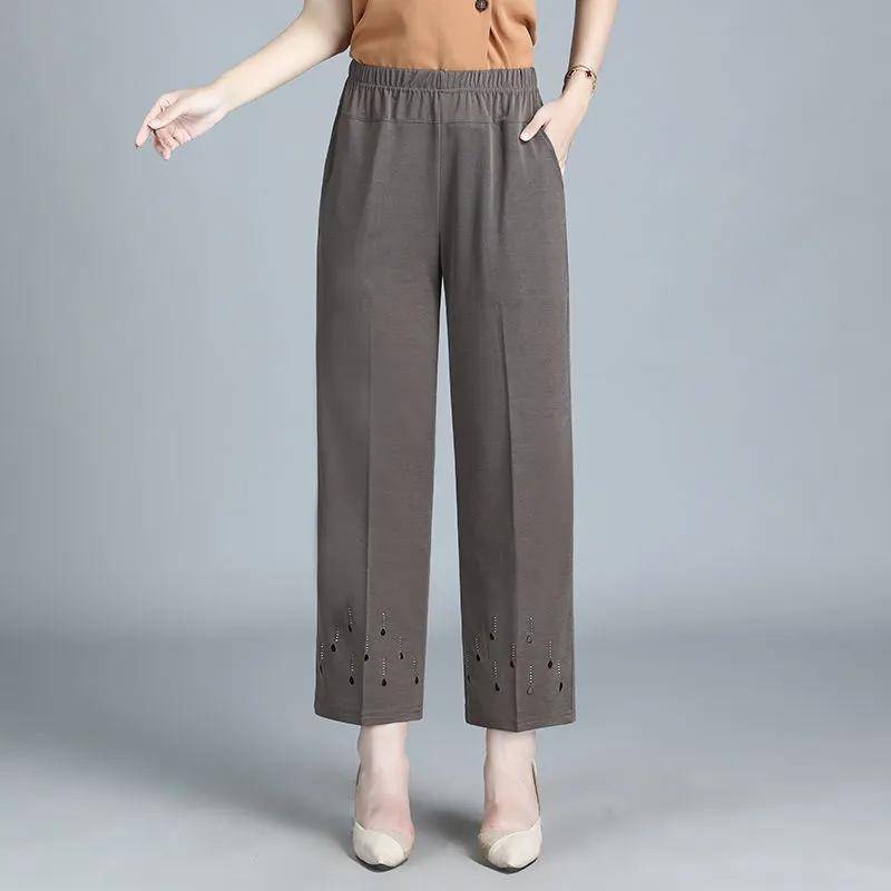 Sommer Frauen Dünne Geerntete Hosen Elastische Hohe Taille Gerade Hosen Hohl Lose Weiblichen Mittleren Alters Casual Hosen 6XL grau von Joom DACH