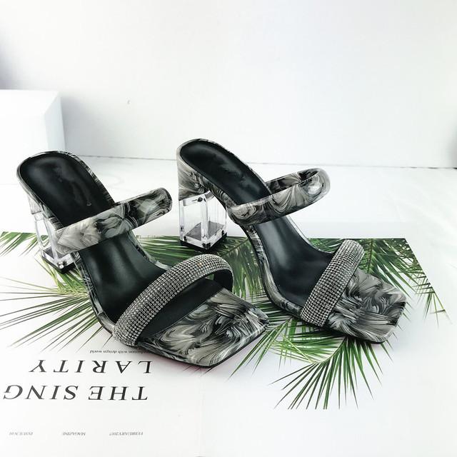 Sommer Frauen Fetisch 8,5 cm High Heels Pantoletten Blockabsatz Klare Glitzer Kristall Hausschuhe Leder Glänzend Slides Graffiti Schuhe 39 schwarz von Joom DACH