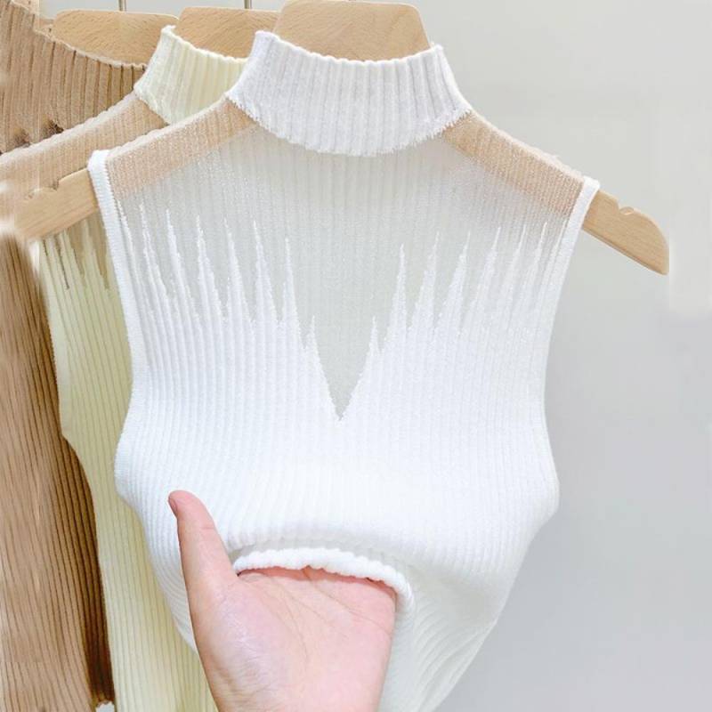 Sommer Frauen Gestrickte Ärmelloses T-shirt Mesh Hängenden Hals Halb-hohen Hals Kleine Weste Weibliche Unterhemd Straße Kleidung one size khaki von Joom DACH