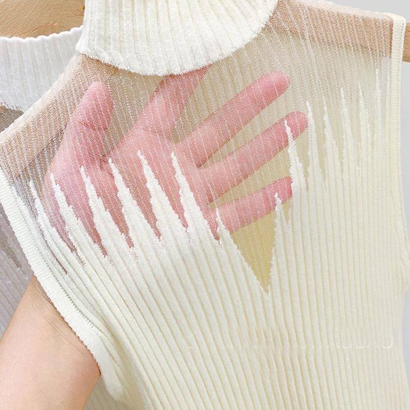 Sommer Frauen Gestrickte Ärmelloses T-shirt Mesh Hängenden Hals Halb-hohen Hals Kleine Weste Weibliche Unterhemd Straße Kleidung one size beige von Joom DACH