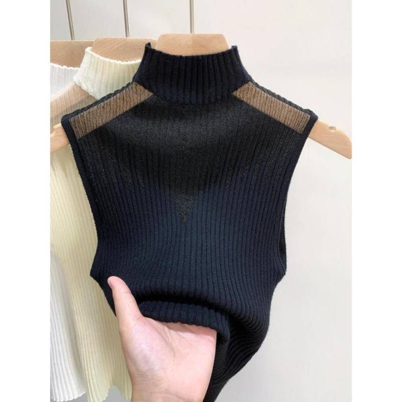 Sommer Frauen Gestrickte Ärmelloses T-shirt Mesh Hängenden Hals Halb-hohen Hals Kleine Weste Weibliche Unterhemd Straße Kleidung one size schwarz von Joom DACH