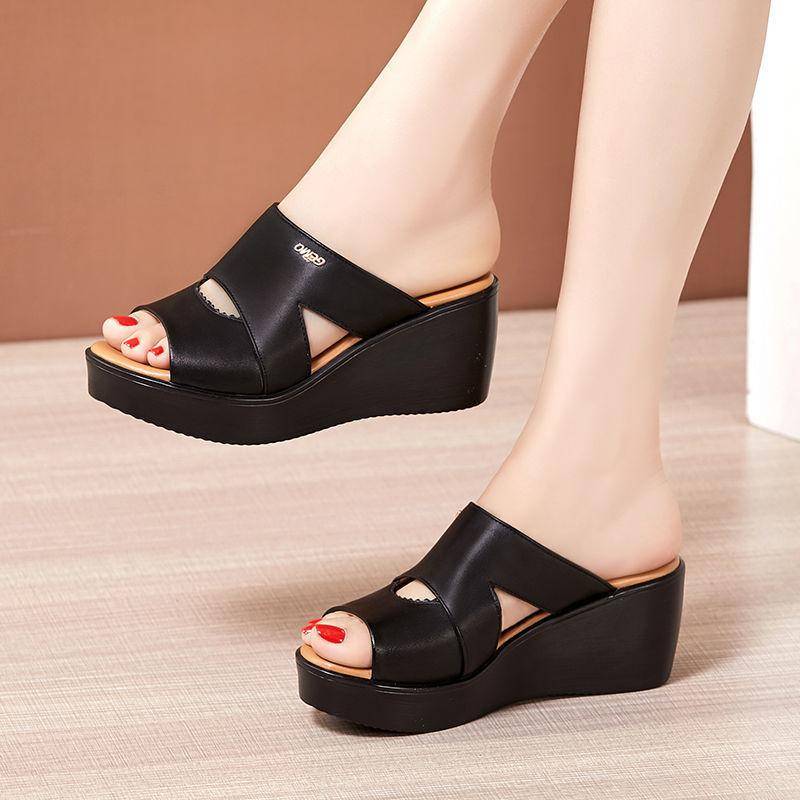 Sommer Frauen Hausschuhe PU Leder Slides Flache Weiche Keile Sandalen Hause Flip-Flops Weibliche Tap Casual Strand Schuhe 40 schwarz von Joom DACH
