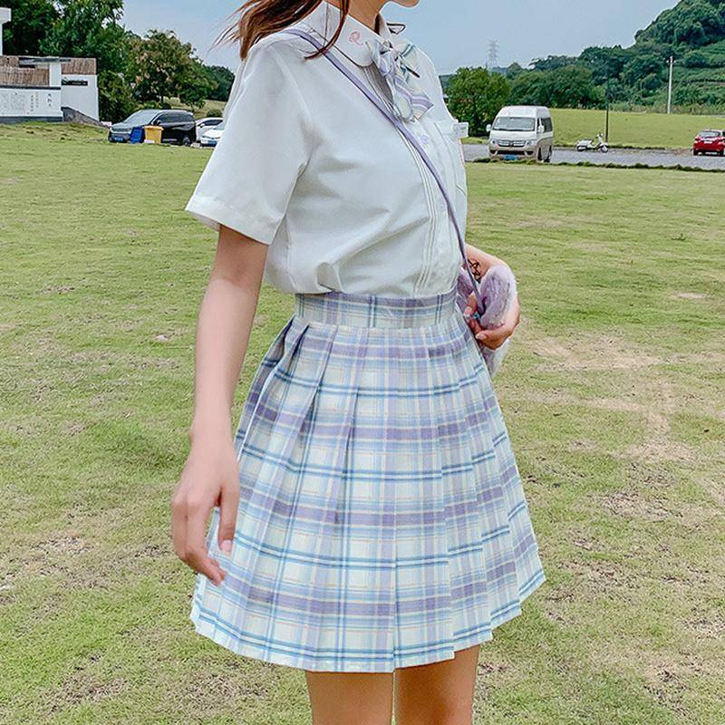 Sommer Frauen JK Röcke Hohe Taille Mädchen Faltenrock Japanischen Stil Damen Süße Plaid Mini Kleid L licht lila von Joom DACH