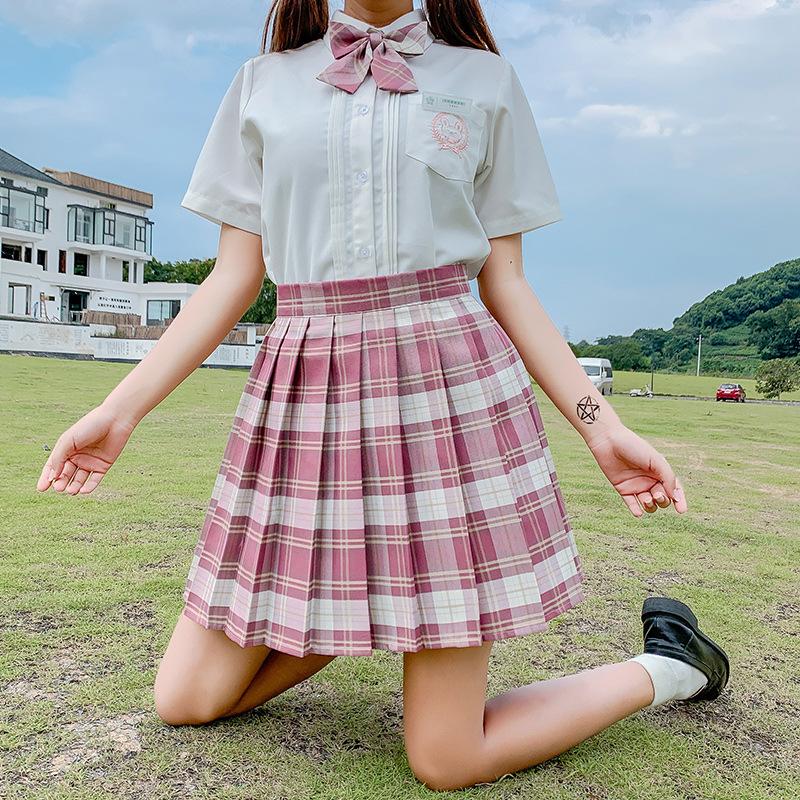 Sommer Frauen JK Röcke Hohe Taille Mädchen Faltenrock Japanischen Stil Damen Süße Plaid Mini Kleid L rosa von Joom DACH