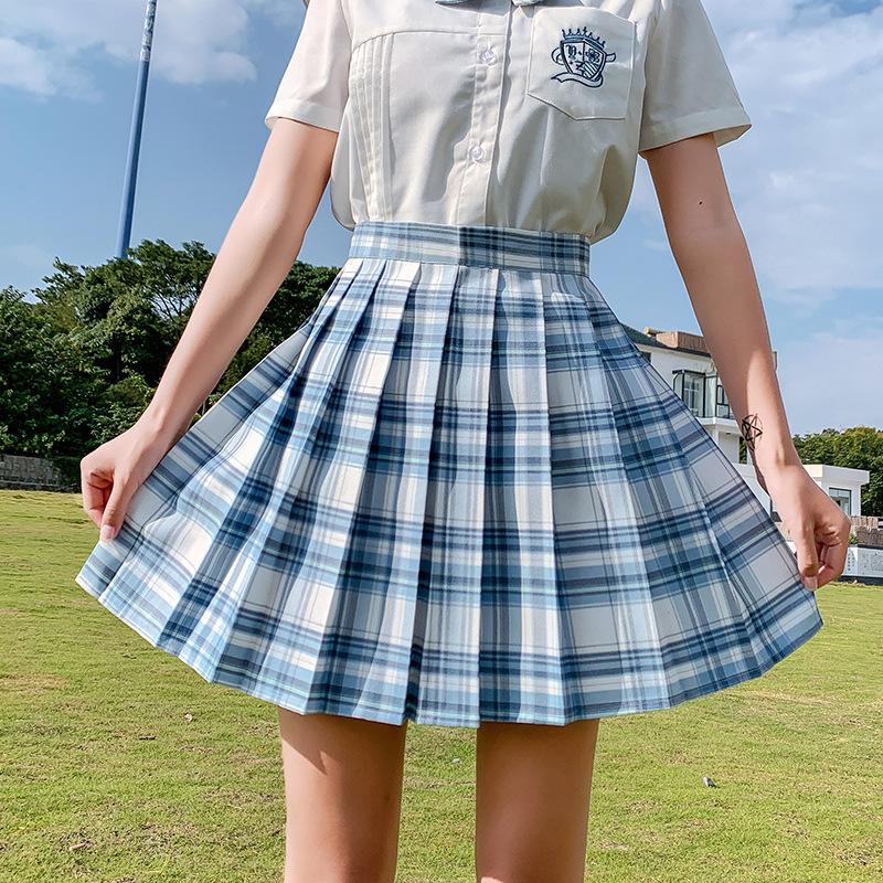 Sommer Frauen JK Röcke Hohe Taille Mädchen Faltenrock Japanischen Stil Damen Süße Plaid Mini Kleid M blau von Joom DACH