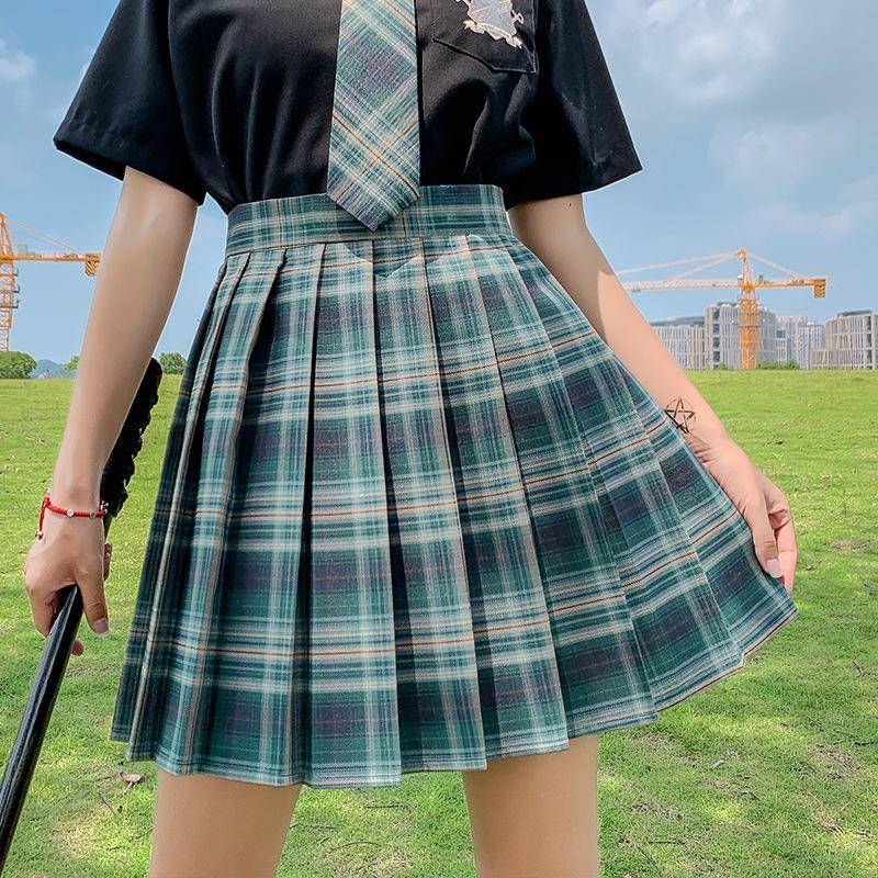 Sommer Frauen JK Röcke Hohe Taille Mädchen Faltenrock Japanischen Stil Damen Süße Plaid Mini Kleid M grün von Joom DACH